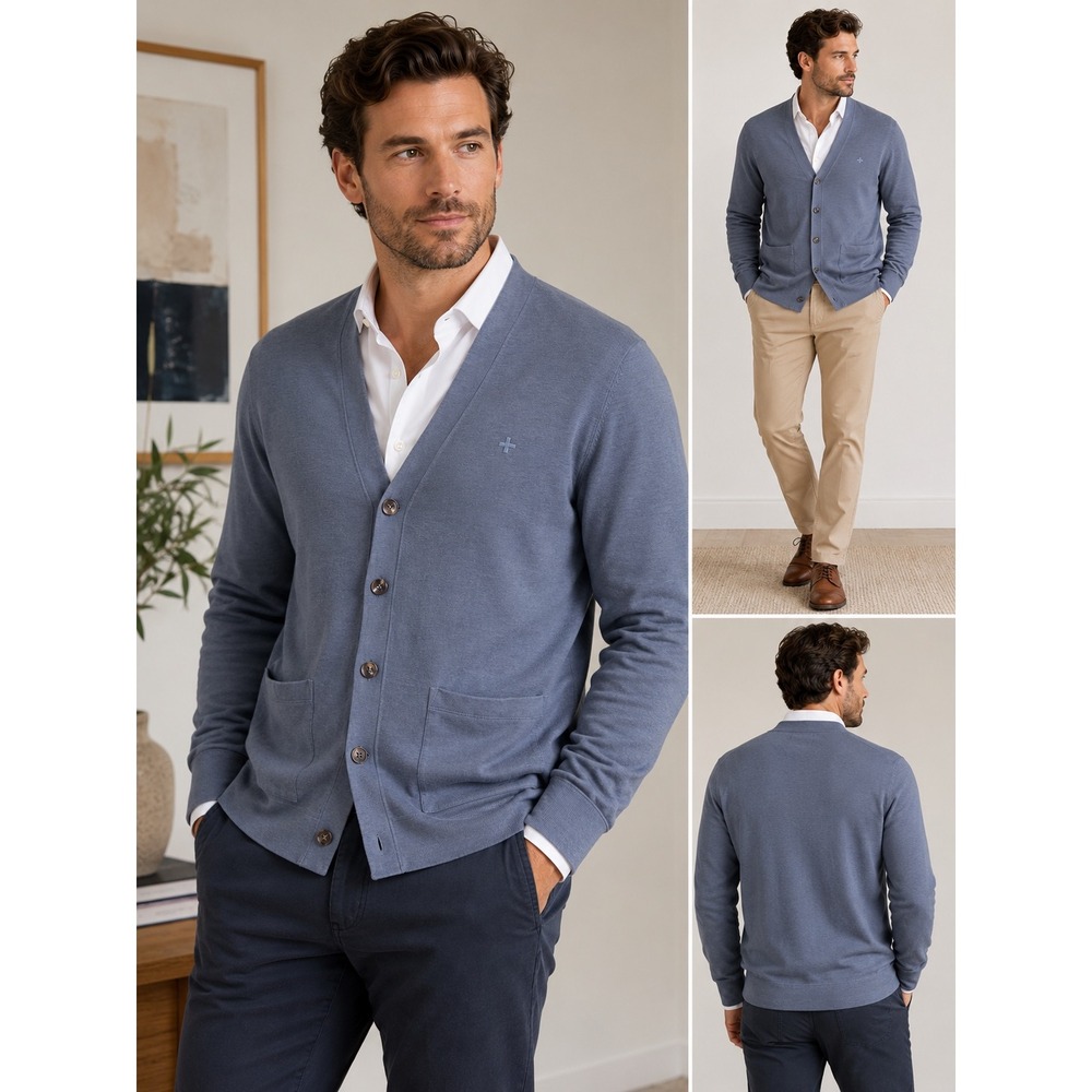 Vince Camuto Mens Cardigan Sweater Slate Blue Cotton Blend V-Neck Medium